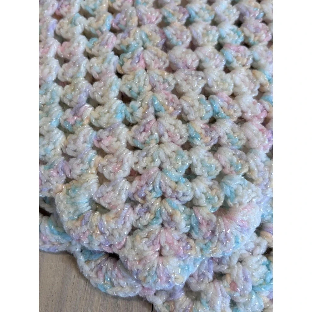Handmade Crochet Baby Blanket Pastel Pink Blue White Granny Square Scalloped 27